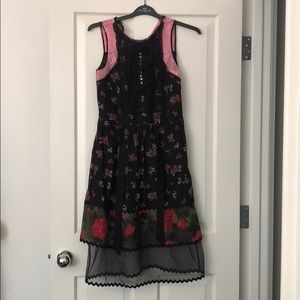 Coach Black Floral Midi Dress with Pink Trim